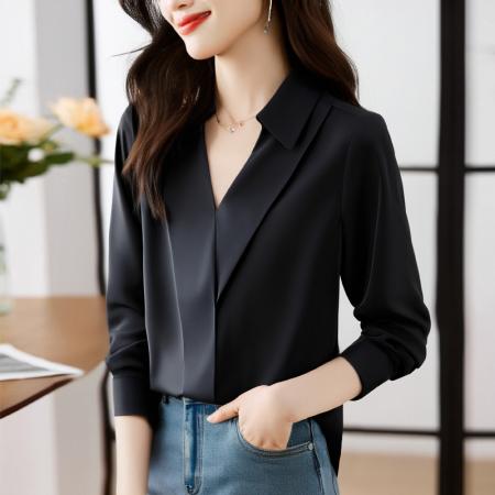 FA56560# 缎面仿真丝秋季新款女装翻领纯色雪纺衫上衣开衫衬衫打底衬衣 服裝批發女裝批發服飾貨源