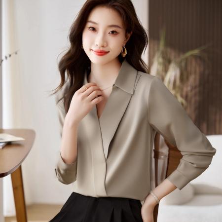 FA56560# 缎面仿真丝秋季新款女装翻领纯色雪纺衫上衣开衫衬衫打底衬衣 服裝批發女裝批發服飾貨源