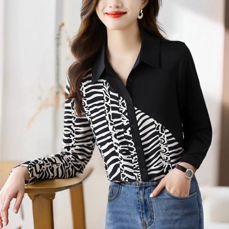 FA56561# 洋气休闲秋季新款女装翻领撞色雪纺衫上衣开衫衬衫打底衫衬衣 服裝批發女裝批發服飾貨源