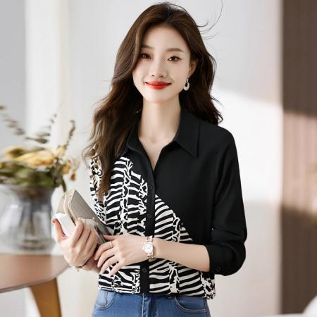 FA56561# 洋气休闲秋季新款女装翻领撞色雪纺衫上衣开衫衬衫打底衫衬衣 服裝批發女裝批發服飾貨源