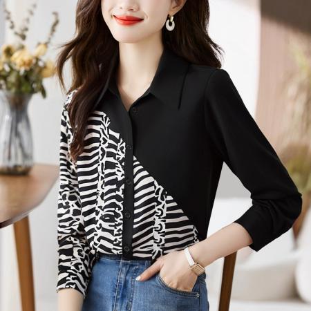 FA56561# 洋气休闲秋季新款女装翻领撞色雪纺衫上衣开衫衬衫打底衫衬衣 服裝批發女裝批發服飾貨源