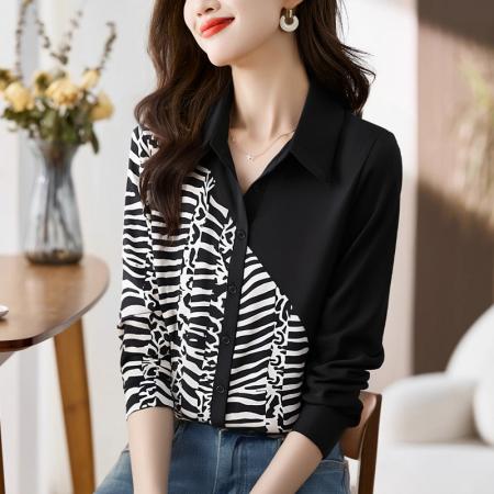 FA56561# 洋气休闲秋季新款女装翻领撞色雪纺衫上衣开衫衬衫打底衫衬衣 服裝批發女裝批發服飾貨源