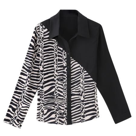 FA56561# 洋气休闲秋季新款女装翻领撞色雪纺衫上衣开衫衬衫打底衫衬衣 服裝批發女裝批發服飾貨源