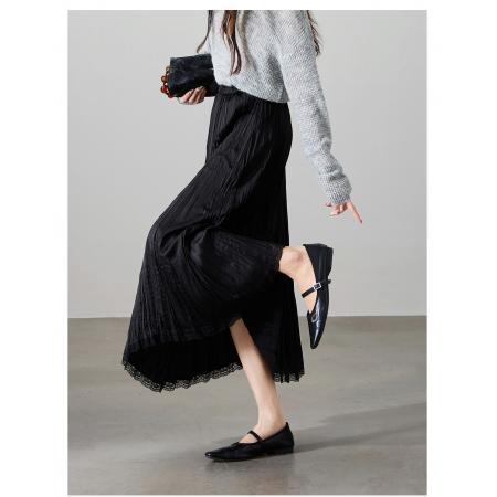 FA56562# 春季新款蕾丝拼接百褶半身裙女A字显瘦压褶大摆裙 服裝批發女裝批發服飾貨源