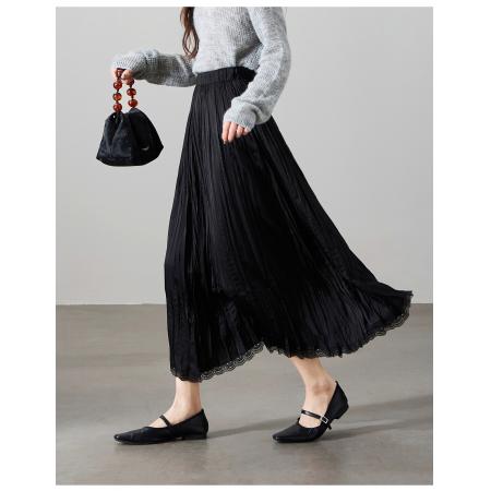 FA56562# 春季新款蕾丝拼接百褶半身裙女A字显瘦压褶大摆裙 服裝批發女裝批發服飾貨源