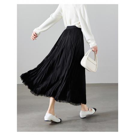 FA56562# 春季新款蕾丝拼接百褶半身裙女A字显瘦压褶大摆裙 服裝批發女裝批發服飾貨源