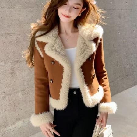 FA56564# 皮毛一体咖色羊羔毛外套女冬季高级感超好看时髦洋气加厚保暖上衣 服裝批發女裝批發服飾貨源