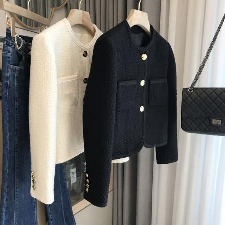 FA56565# 法式百搭长袖高级小香风外套小个子短款修身温柔风单排扣黑色外套 服裝批發女裝批發服飾貨源