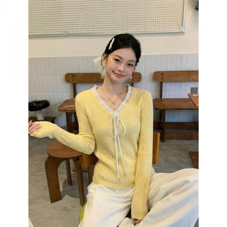 FA56566# 原版麻花V领针织衫女春季新款修身假两件毛衣内搭上衣 服裝批發女裝批發服飾貨源