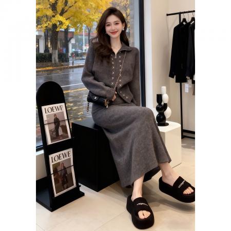 FA56567# 韩系灰色针织毛衣连衣裙子女冬季新款巨好看穿搭一整套装长裙 服裝批發女裝批發服飾貨源