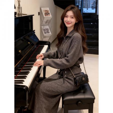 FA56567# 韩系灰色针织毛衣连衣裙子女冬季新款巨好看穿搭一整套装长裙 服裝批發女裝批發服飾貨源