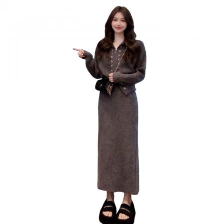 FA56567# 韩系灰色针织毛衣连衣裙子女冬季新款巨好看穿搭一整套装长裙 服裝批發女裝批發服飾貨源