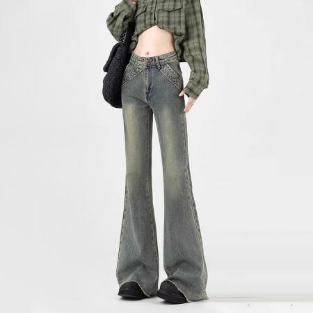 FA56568# 韩版复古毛边做旧牛仔裤女秋季新款潮流百搭宽松显瘦阔腿拖地长裤 服裝批發女裝批發服飾貨源