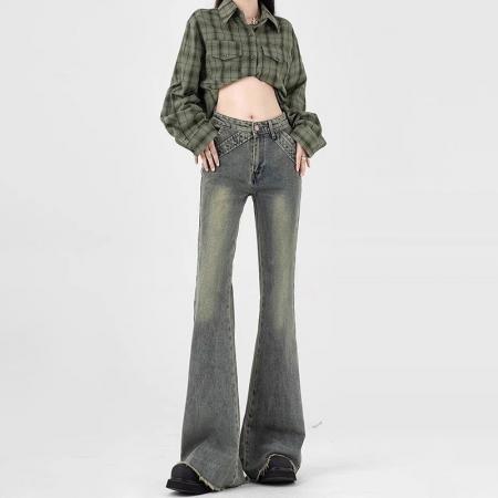 FA56568# 韩版复古毛边做旧牛仔裤女秋季新款潮流百搭宽松显瘦阔腿拖地长裤 服裝批發女裝批發服飾貨源