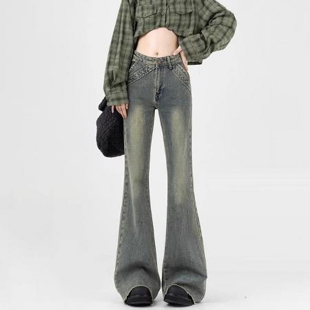 FA56568# 韩版复古毛边做旧牛仔裤女秋季新款潮流百搭宽松显瘦阔腿拖地长裤 服裝批發女裝批發服飾貨源