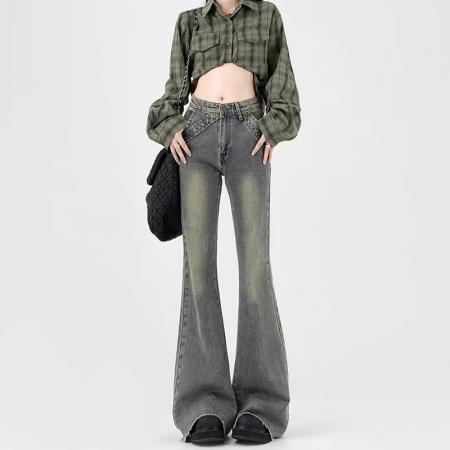 FA56568# 韩版复古毛边做旧牛仔裤女秋季新款潮流百搭宽松显瘦阔腿拖地长裤 服裝批發女裝批發服飾貨源