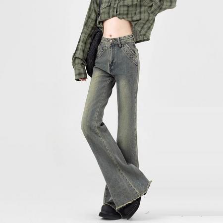 FA56568# 韩版复古毛边做旧牛仔裤女秋季新款潮流百搭宽松显瘦阔腿拖地长裤 服裝批發女裝批發服飾貨源