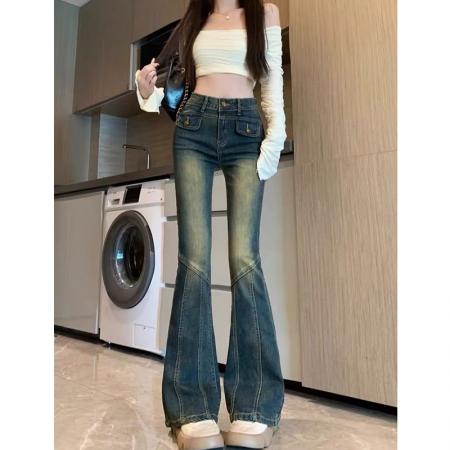 FA56569# 复古微喇叭牛仔裤女春秋季新款美式高腰修身显瘦辣妹马蹄牛仔裤 服裝批發女裝批發服飾貨源