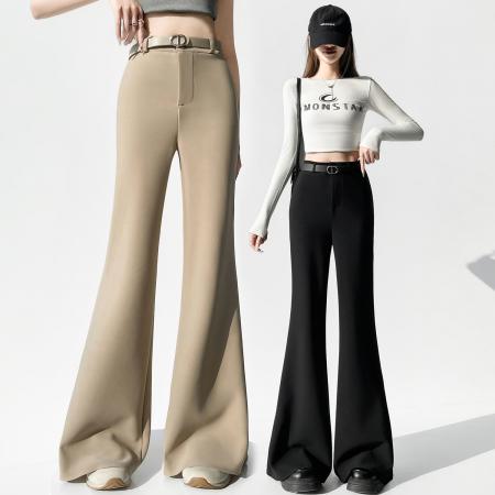 FA56570# 卡其色微喇西装裤女春季新款高腰显瘦百搭垂感喇叭拖地裤 服裝批發女裝批發服飾貨源