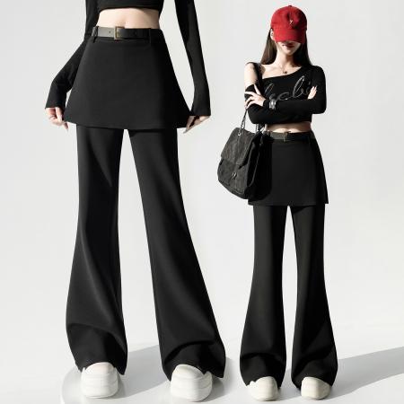 FA56571# 黑色假俩件屁帘微喇裤女春季新款高腰显瘦设计感喇叭裤子 服裝批發女裝批發服飾貨源