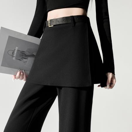 FA56571# 黑色假俩件屁帘微喇裤女春季新款高腰显瘦设计感喇叭裤子 服裝批發女裝批發服飾貨源