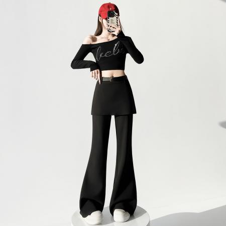 FA56571# 黑色假俩件屁帘微喇裤女春季新款高腰显瘦设计感喇叭裤子 服裝批發女裝批發服飾貨源