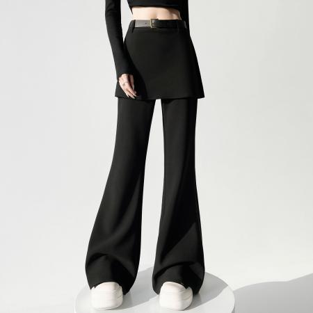 FA56571# 黑色假俩件屁帘微喇裤女春季新款高腰显瘦设计感喇叭裤子 服裝批發女裝批發服飾貨源