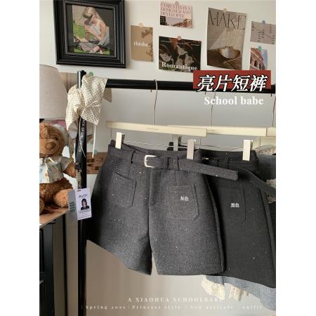FA56572# 秋冬新款复古高腰亮片毛呢短裤女显瘦外穿阔腿裤配腰带 服裝批發女裝批發服飾貨源