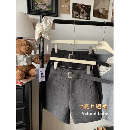 FA56572# 秋冬新款复古高腰亮片毛呢短裤女显瘦外穿阔腿裤配腰带 服裝批發女裝批發服飾貨源