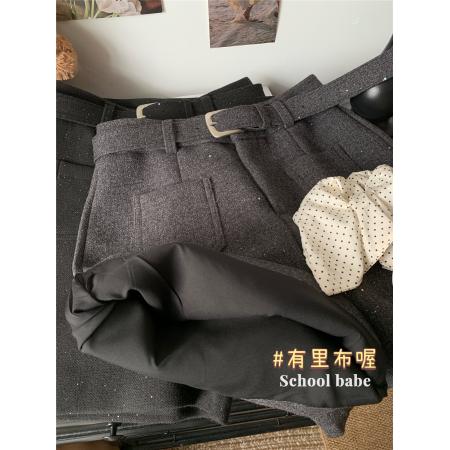 FA56572# 秋冬新款复古高腰亮片毛呢短裤女显瘦外穿阔腿裤配腰带 服裝批發女裝批發服飾貨源
