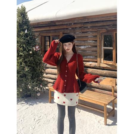 FA56573# 质小香风V领收腰长袖针织衫女复古红色高级感圣诞毛衣 服裝批發女裝批發服飾貨源