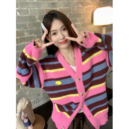FA56574# 多巴胺彩色条纹针织女开衫设计感奶fufu甜美毛衣开衫外套 服裝批發女裝批發服飾貨源