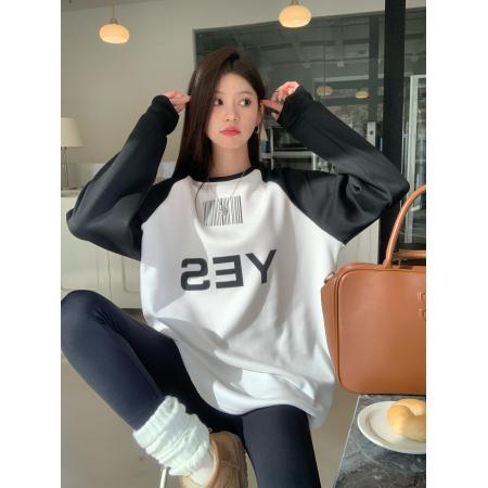 FA56575# 秋冬季宽松拼色印花薄绒加绒加厚保暖长袖T恤女装 服裝批發女裝批發服飾貨源