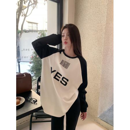 FA56575# 秋冬季宽松拼色印花薄绒加绒加厚保暖长袖T恤女装 服裝批發女裝批發服飾貨源