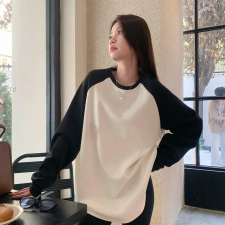 FA56575# 秋冬季宽松拼色印花薄绒加绒加厚保暖长袖T恤女装 服裝批發女裝批發服飾貨源