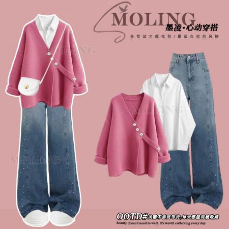 FA56578# 冬季穿搭一整套女新款慵懒风毛衣衬衫搭洋气显瘦牛仔裤三件套 服裝批發女裝批發服飾貨源