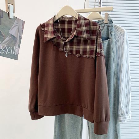 FA56579# 春季新款设计感格子拼接减龄百搭大码T恤卫衣 服裝批發女裝批發服飾貨源