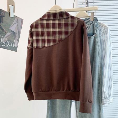 FA56579# 春季新款设计感格子拼接减龄百搭大码T恤卫衣 服裝批發女裝批發服飾貨源