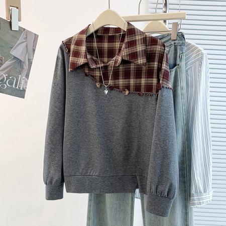 FA56579# 春季新款设计感格子拼接减龄百搭大码T恤卫衣 服裝批發女裝批發服飾貨源