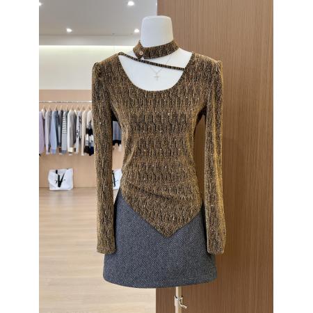 FA56580# 法式掐腰显瘦不规则亮丝打底衫女内搭修身正肩长袖上衣 服裝批發女裝批發服飾貨源