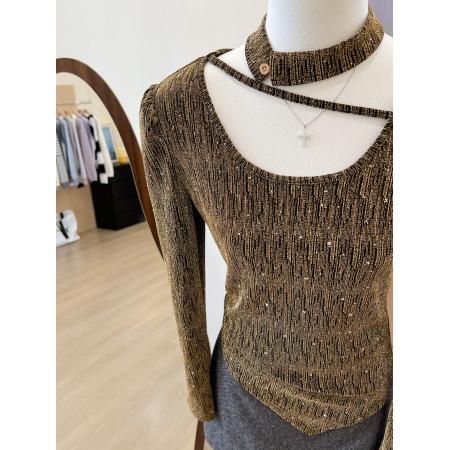 FA56580# 法式掐腰显瘦不规则亮丝打底衫女内搭修身正肩长袖上衣 服裝批發女裝批發服飾貨源