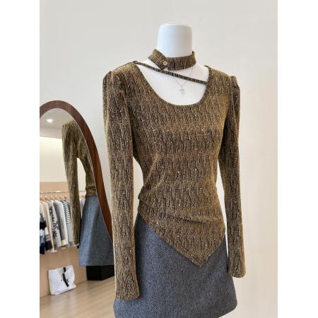 FA56580# 法式掐腰显瘦不规则亮丝打底衫女内搭修身正肩长袖上衣 服裝批發女裝批發服飾貨源