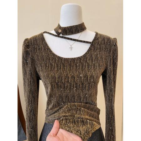 FA56580# 法式掐腰显瘦不规则亮丝打底衫女内搭修身正肩长袖上衣 服裝批發女裝批發服飾貨源