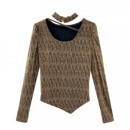 FA56580# 法式掐腰显瘦不规则亮丝打底衫女内搭修身正肩长袖上衣 服裝批發女裝批發服飾貨源