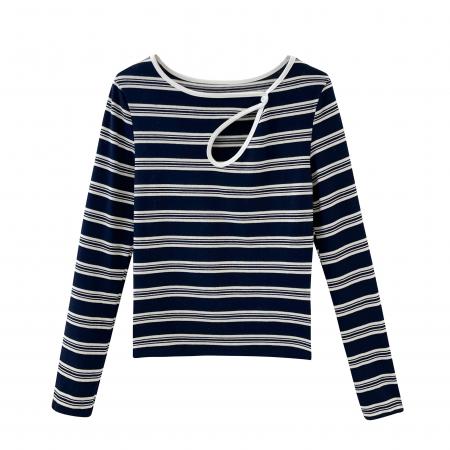 FA56581# 藏蓝色条纹镂空长袖T恤女秋冬打底衫短款紧身上衣 服裝批發女裝批發服飾貨源