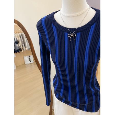 FA56582# 漂亮竖条纹打底小衫蓝色针织衫女装秋冬内搭洋气高贵上衣 服裝批發女裝批發服飾貨源