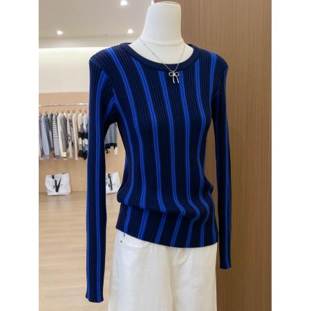 FA56582# 漂亮竖条纹打底小衫蓝色针织衫女装秋冬内搭洋气高贵上衣 服裝批發女裝批發服飾貨源