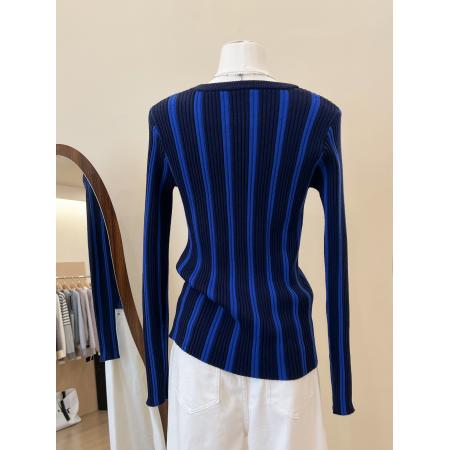 FA56582# 漂亮竖条纹打底小衫蓝色针织衫女装秋冬内搭洋气高贵上衣 服裝批發女裝批發服飾貨源