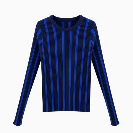 FA56582# 漂亮竖条纹打底小衫蓝色针织衫女装秋冬内搭洋气高贵上衣 服裝批發女裝批發服飾貨源