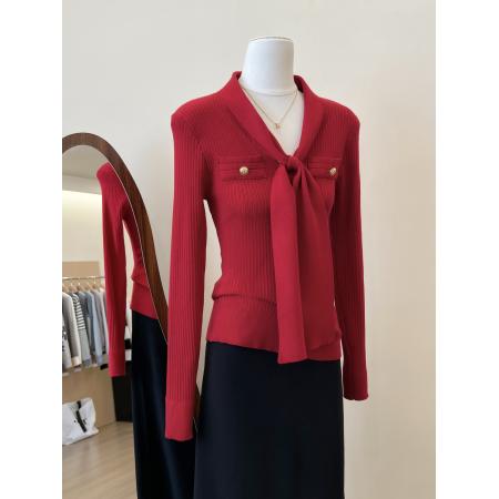 FA56583# 法式气质红色V领绑带针织打底衫女秋冬内搭绝美小上衣 服裝批發女裝批發服飾貨源